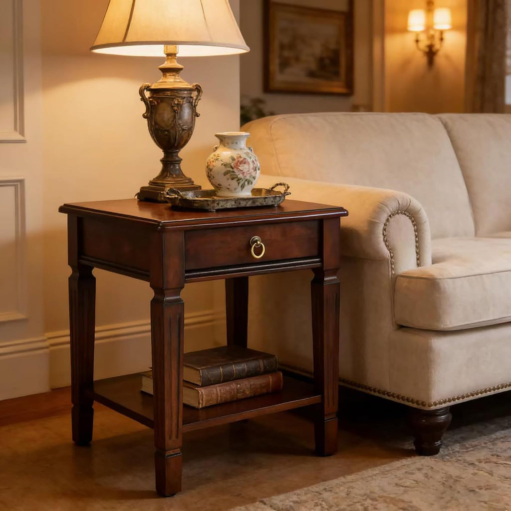 End Side Table with Storage Drawer and Shelf, Farmhouse Sofa Beside Table with Carved Wood Legs, 21.9'H Telephone Table for Living Room, Square Corner Tables, Easy Assembly, Dark Cherry BZ-D1258