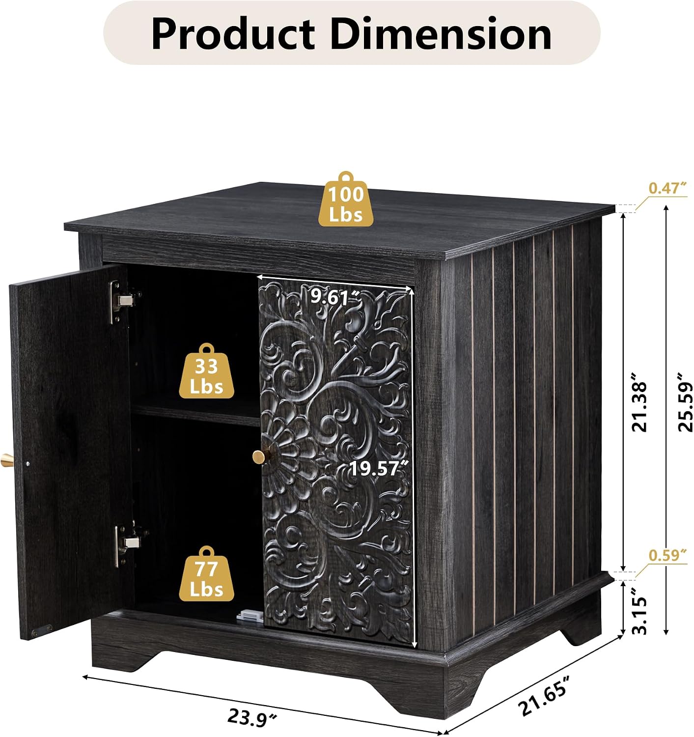 weselon Farmhouse End Table with Carved Floral Door, 24' Wide Nightstand with Adjustable Shelf, Wooden Square Sofa Side Table Storage Table for Living Room Bedroom (Antique Black-Brown)
