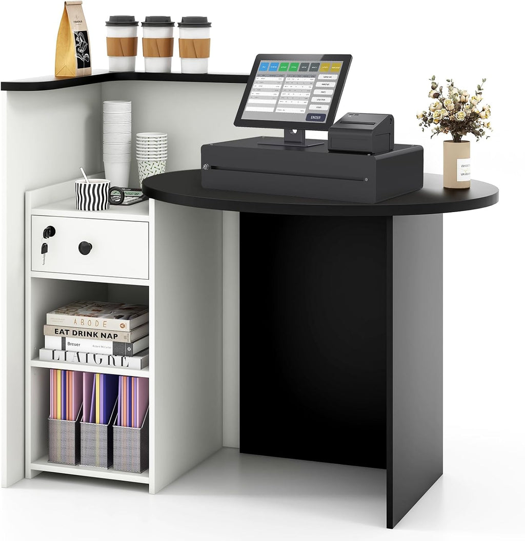 Giantex Reception Desk, Front Counter Desk with Lockable Drawer, Checkout Table with Round Tabletop, Corner Shelf & Adjustable Shelf for Office Beauty Salon Retail Store (White & Black)