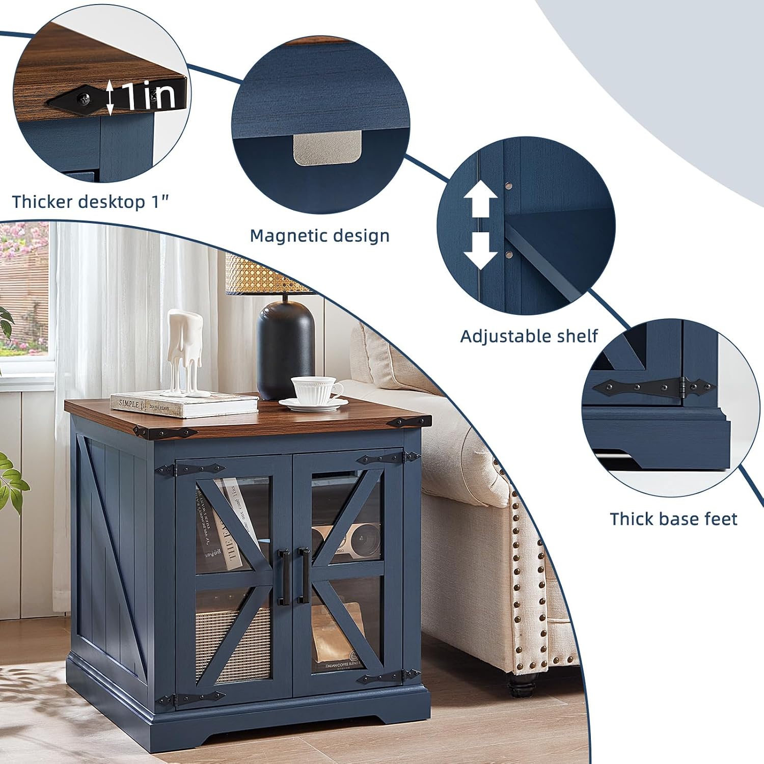 Joaxswe End Tables Living Room Set 3 with Charger Station, Farmhouse 18'' Narrow Night Stand and 24' Square Side Table with Glass Barn Door Storage, Wood Nightstand Bedside Tables for Bedroom Office