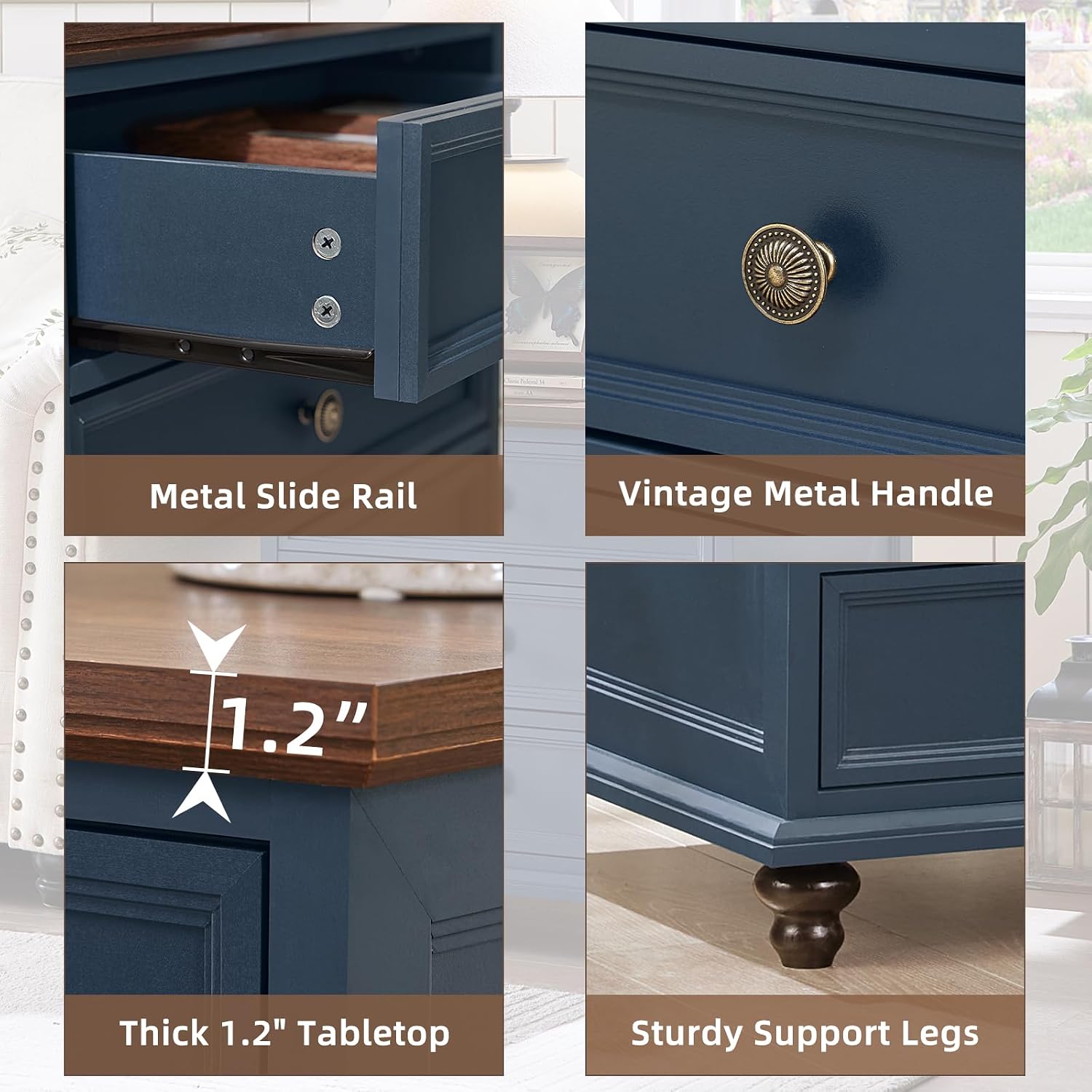 Joaxswe 24' Wide Farmhouse Night Stand Set of 2,Large End Table with 3 Drawers & Metal Handle,Blue Wood Dresser for Bedroom Cabinet, Bed Side Table Chest of Drawers,Nightstand for Living Room,Closet