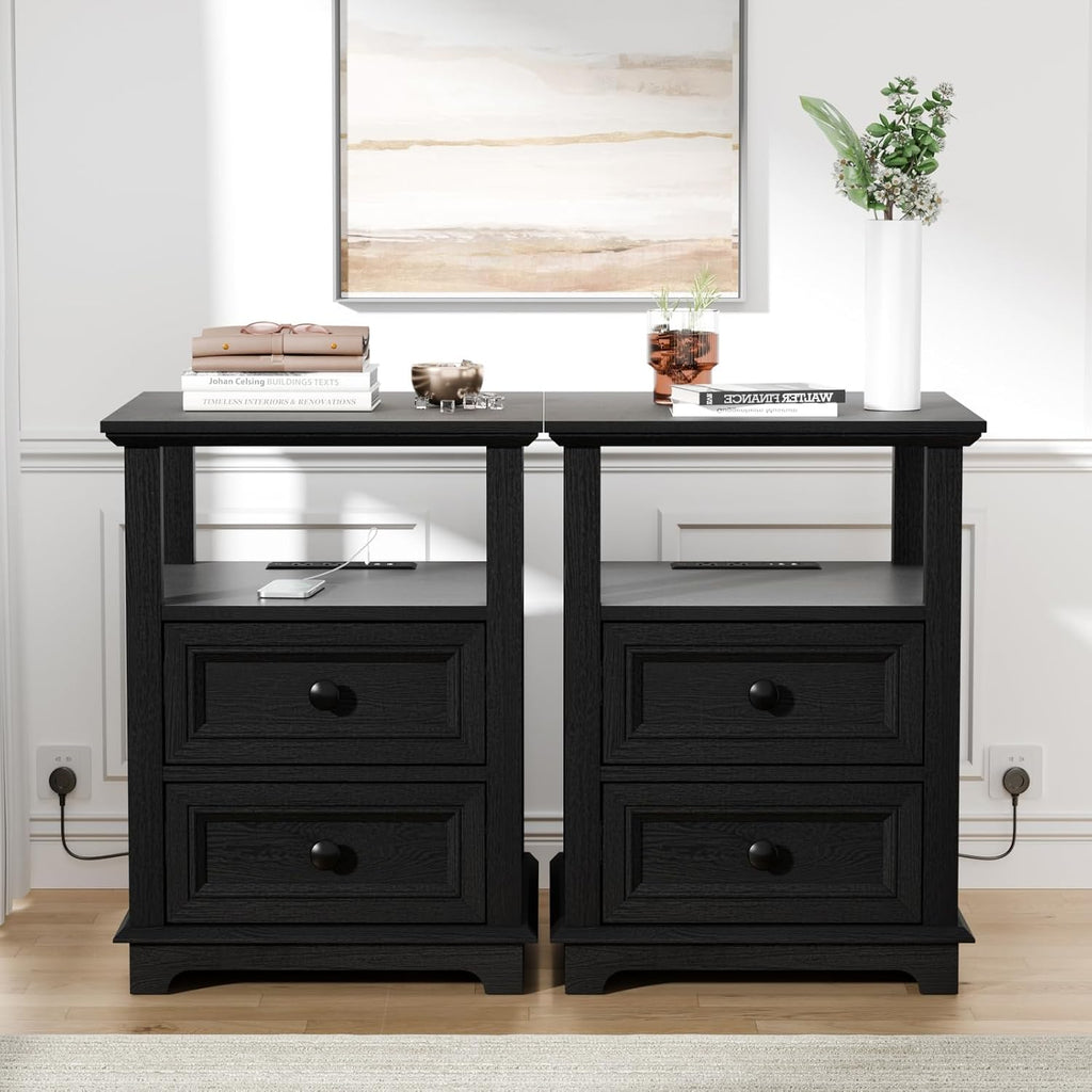 REDAYFUR End Table with Fast Charging Station Set of 2, 18' Wide Sofa Side Table with Drawers, Large Storage Rustic Wood Square Storage Cabinet for Living Room