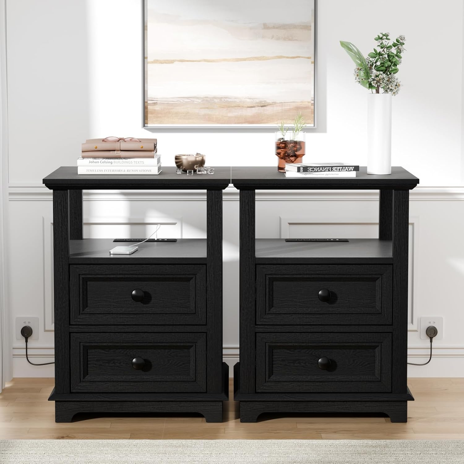 REDAYFUR End Table with Fast Charging Station Set of 2, 18' Wide Sofa Side Table with Drawers, Large Storage Rustic Wood Square Storage Cabinet for Living Room