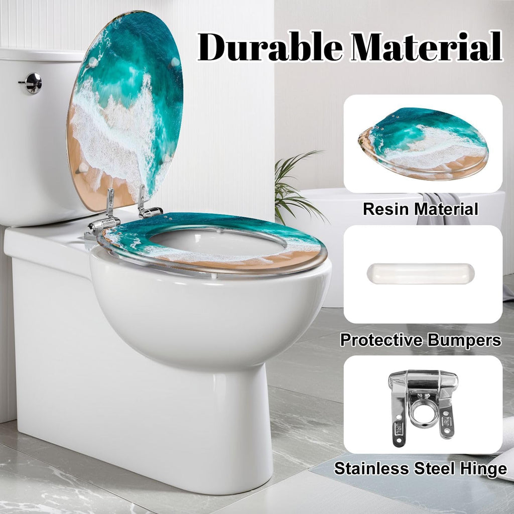 Elongated Toilet Seat Aerial drone view beach turquoise water large waves Resin Toilet Seat Slow Quiet Close Lid with Quick-Release Hinges Cover Bumpers Easy to Clean Install