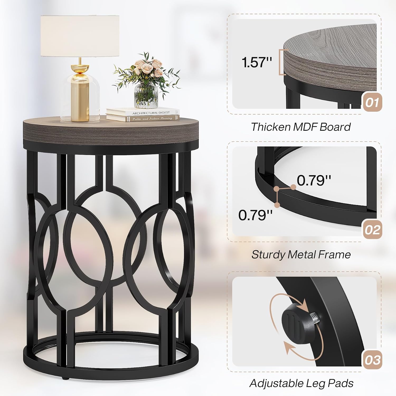 Tribesigns Round End Table Set of 2, Industrial Side Table with Metal Hollow Frame, Small Bedside Table Nightstand for Living Room, Bedroom, Easy Assembly (Grey,2 PCS)