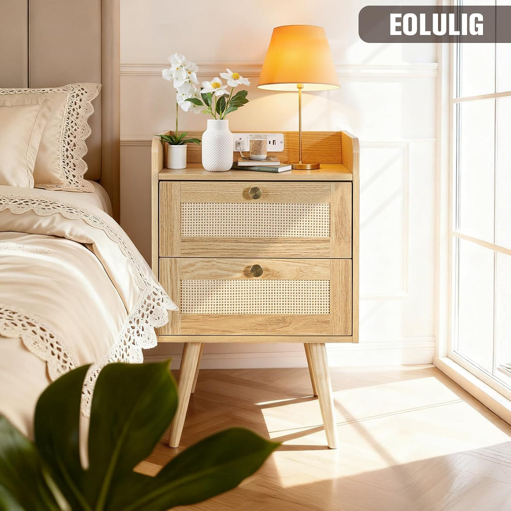 Nightstands Set of 2 with Charging Station, Modern Boho Rattan Bedside Tables with 2 Drawers, Solid Wood Legs, Open Storage End Tables for Bedroom Living Room Dorm – Natural