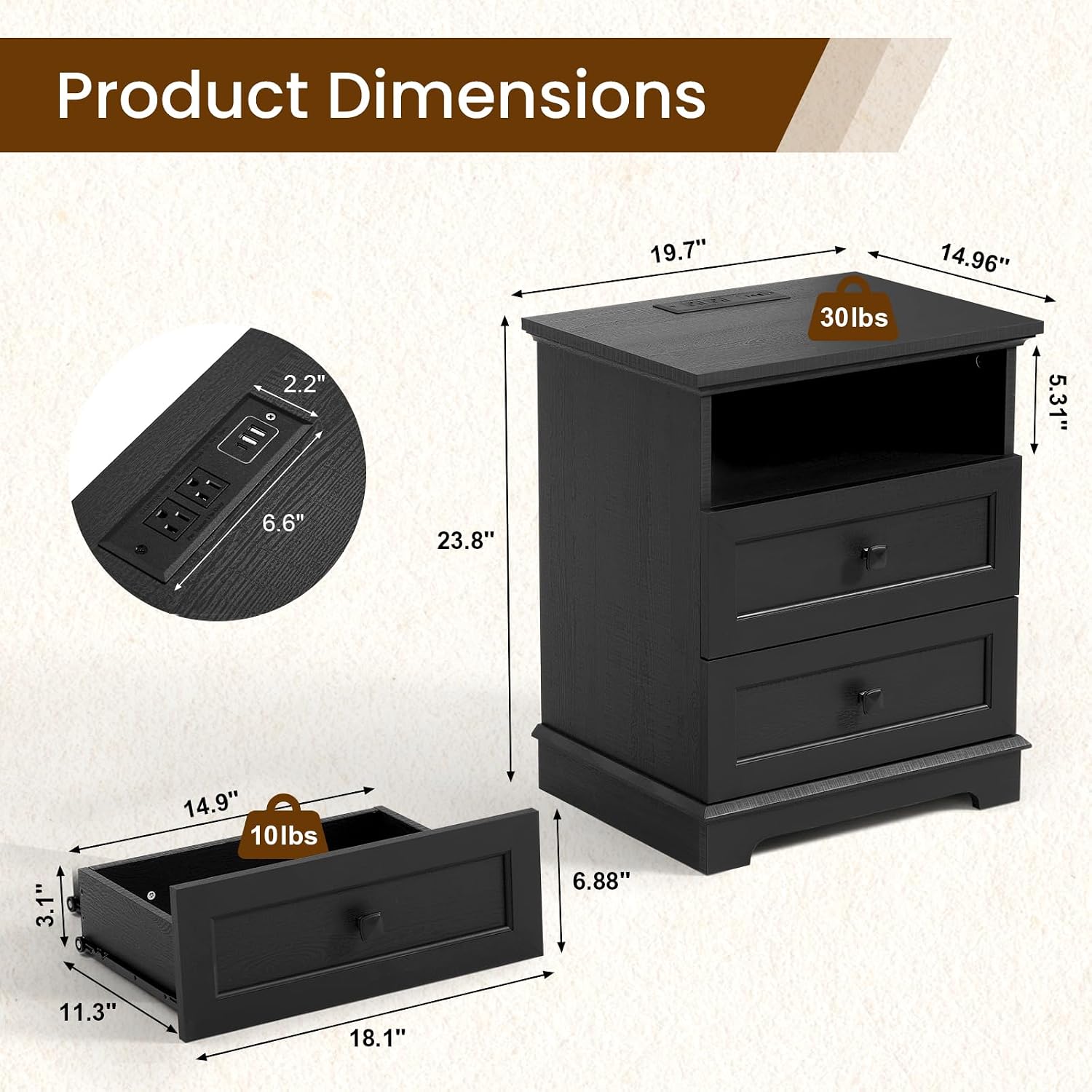 20-Inch Wide Modern Nightstands Set of 2 with Charging Station & Outlets, Bedside Tables with 2 Drawers and Open Shelf, Sleek Design End Tables for Bedroom and Office, Black