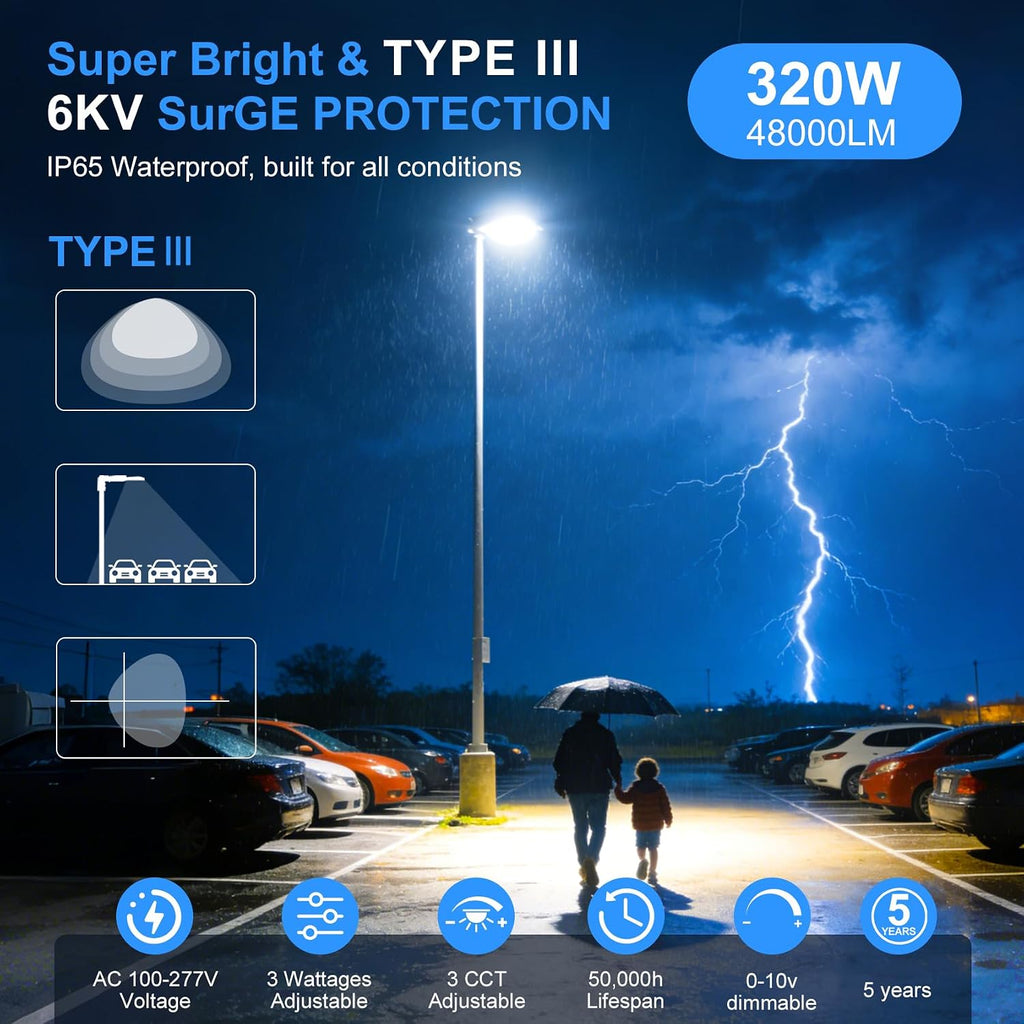 ADUB LED Parking Lot Light 320W/240W/200W Tunable 3000K 4000K 5000K Adjustable 48000LM 0-10V Dimmable ETL Listed IP65 Shoebox Flood Light w/Photocell & Slip Fitter Outdoor Commercial Area AC100-277V
