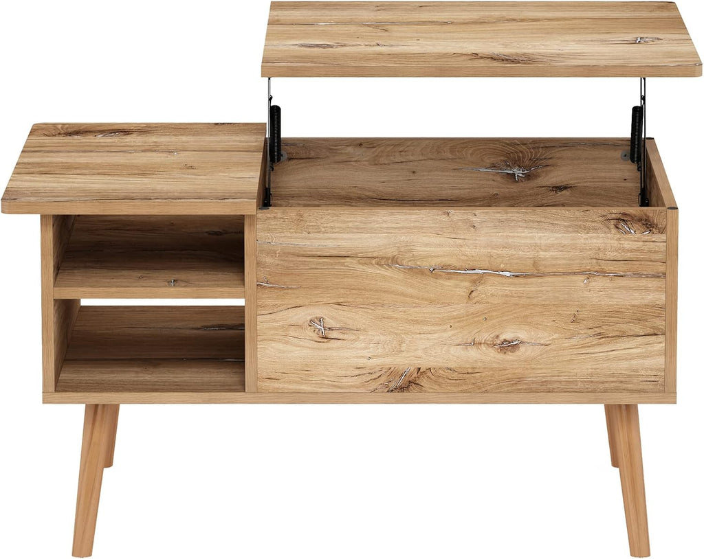 Furinno Jensen Wooden Leg Lift Top Coffee Table with Hidden Compartment and Side Open Storage Shelf for Living Room, Flagstaff Oak