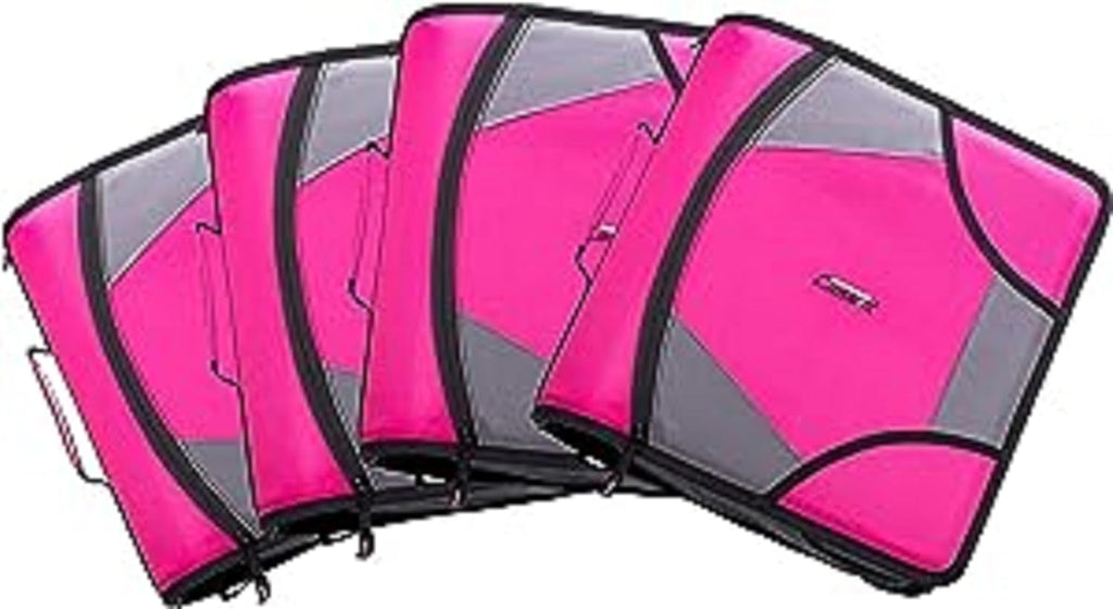 Case-it King Sized Zip Tab School Zipper Binder | 4-Inch D-Rings, 800 Sheet Capacity, 5-Subject Expanding File Folder, Multiple Pockets & Storage Organizer, Shoulder Strap | D-186 Magenta | 4 Pack