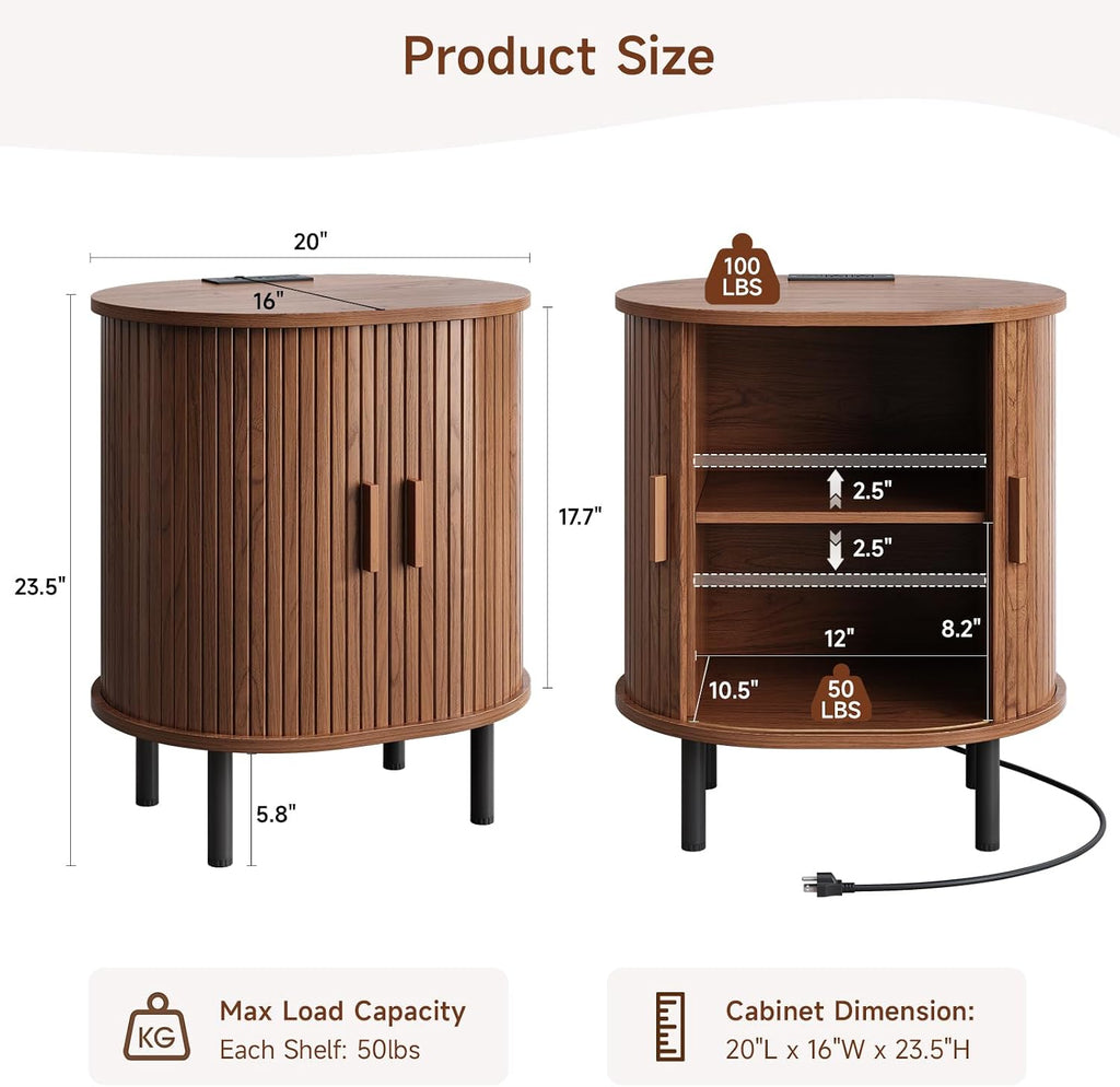 ONBRILL Oval End Table with Storage & Charging Station, Fluted Accent Side Table with Sliding Door & Adjustable Shelf, Mid-Century Modern Nightstand Set of 2 for Living Room, Bedroom, Walnut(2-Pack)