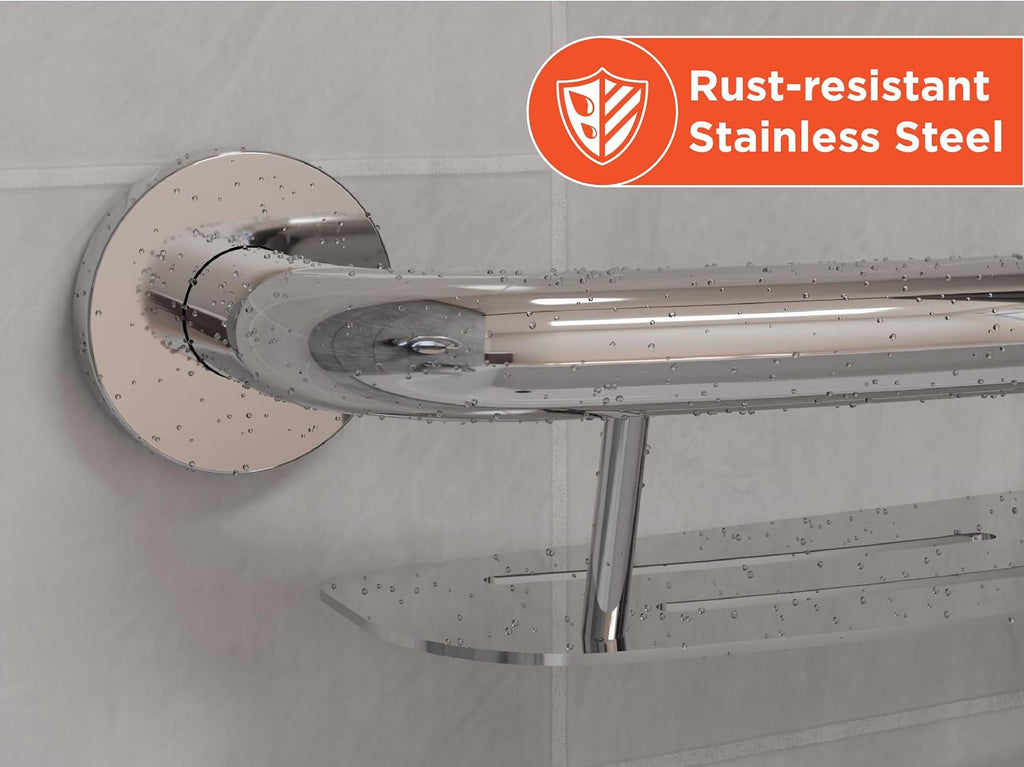 HEALTHCRAFT Plus Shampoo Shelf & Grab Bar 24', ADA Safety - Polished Chrome | Built-in shampoo shelf, concealed screws, no separate shelf needed