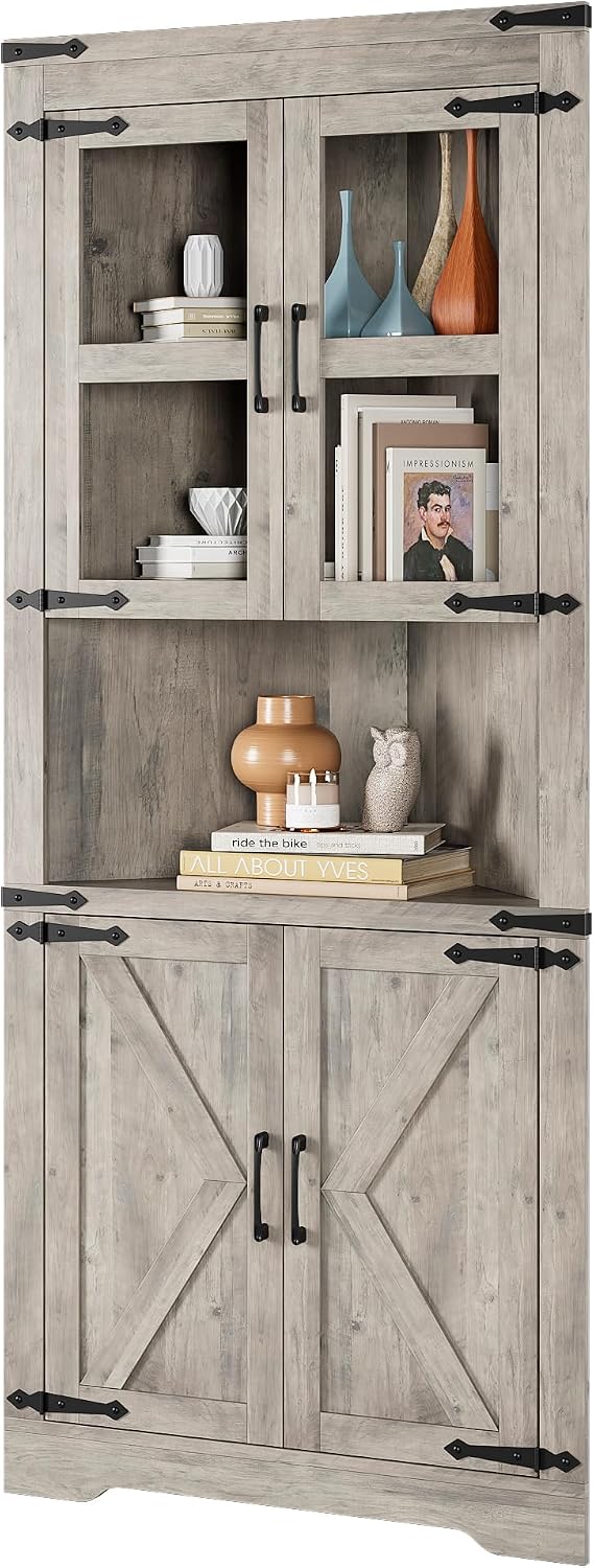 Senfot Tall Corner Storage Cabinet, Bathroom Floor Storage Cabinet with Doors and Adjustable Shelves, Freestanding Tall Cabinet Organizer for Bathroom, Kitchen, Living Room, Washed Grey