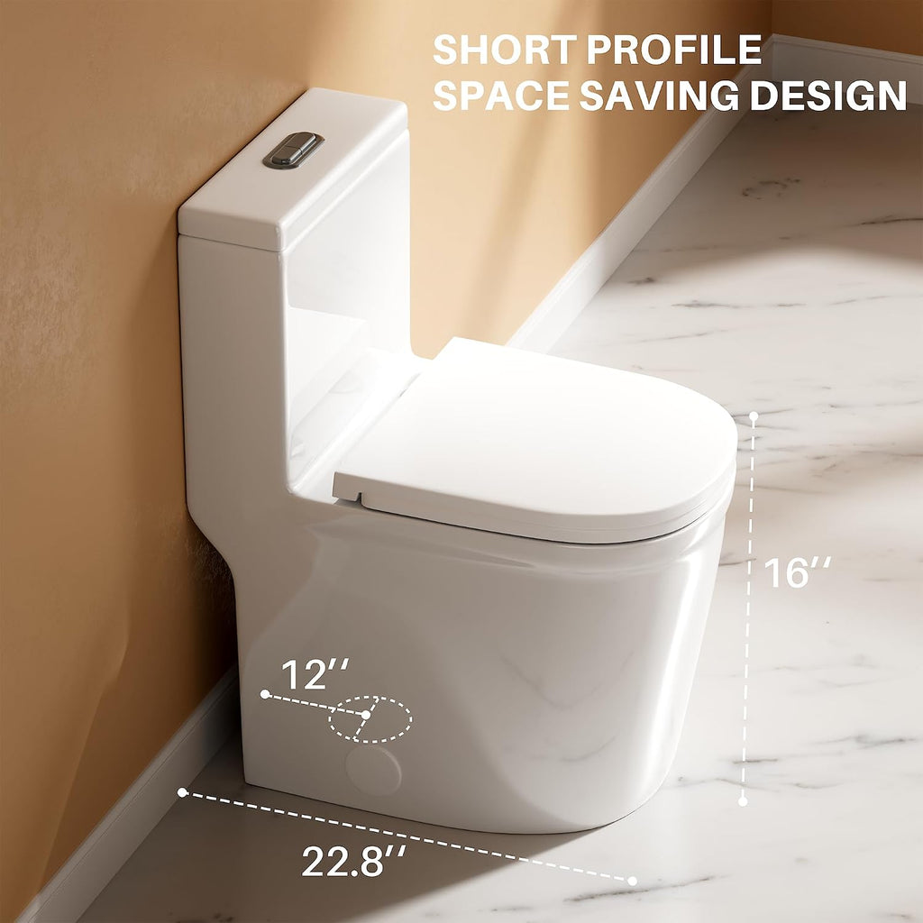 WinZo Small One Piece Toilet 23' Depth Modern Compact Short Design with Matte Black Button for Small Tiny Mini Bathroom 12' Rough-in,White (WZ5079WB)