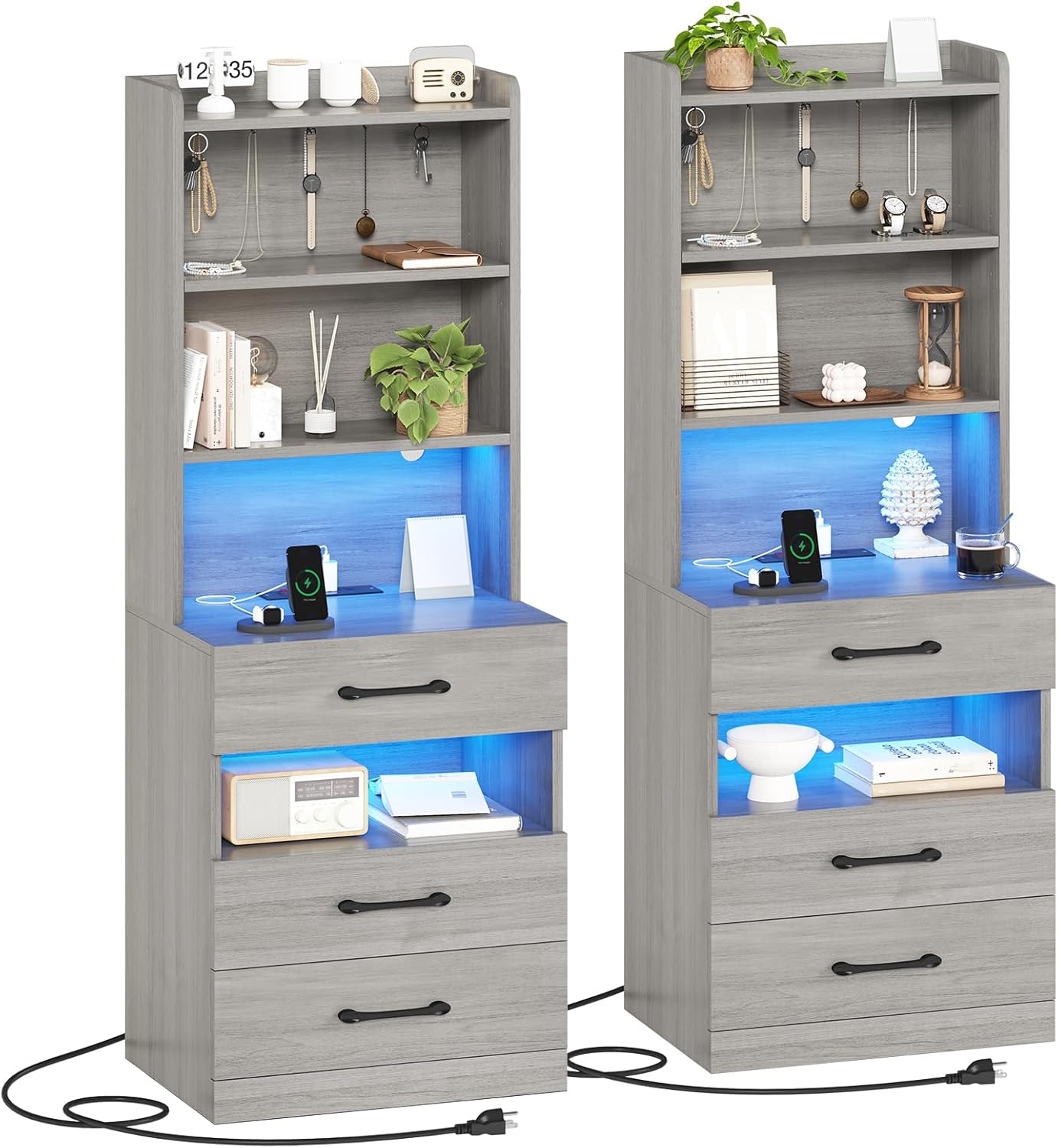AOGLLATI Tall Night Stand Set of 2 with Charging Station and LED Lights, Grey Nightstand with 3 Drawers and Adjustable Shelves, Modern Bedside Table with Bookshelf for Bedroom