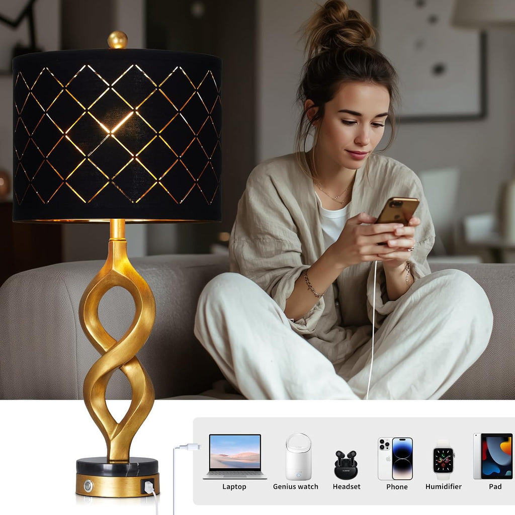 Cinyirong 30' Black and Gold Table Lamps Set of 2 for Bedroom, Modern Touch Control Bedside Lamps for Living Room, 3-Way Dimmable Sculptural Resin Nightstand Lamps with USB A+C Ports and 2 LED Bulbs