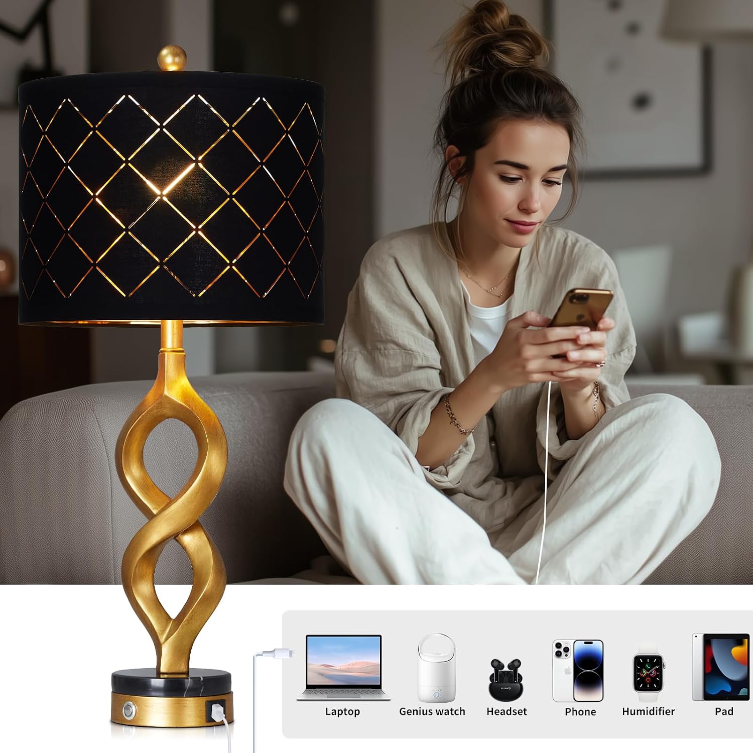Cinyirong 30' Black and Gold Table Lamps Set of 2 for Bedroom, Modern Touch Control Bedside Lamps for Living Room, 3-Way Dimmable Sculptural Resin Nightstand Lamps with USB A+C Ports and 2 LED Bulbs