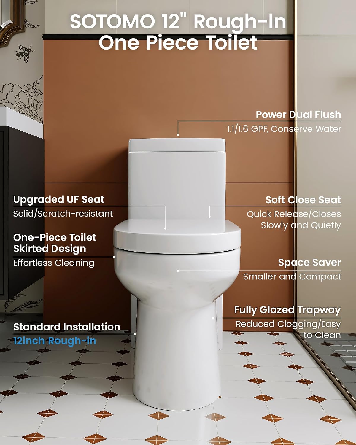 Compact One Piece Toilet Matte Black, Space-Saving Powerful Dual Flush Round Small Toilet for Bathrooms, Average 1.28 GPF, Skirted Design Upgraded UF Quiet & Soft Close Seat (12' Rough-in Toilet)