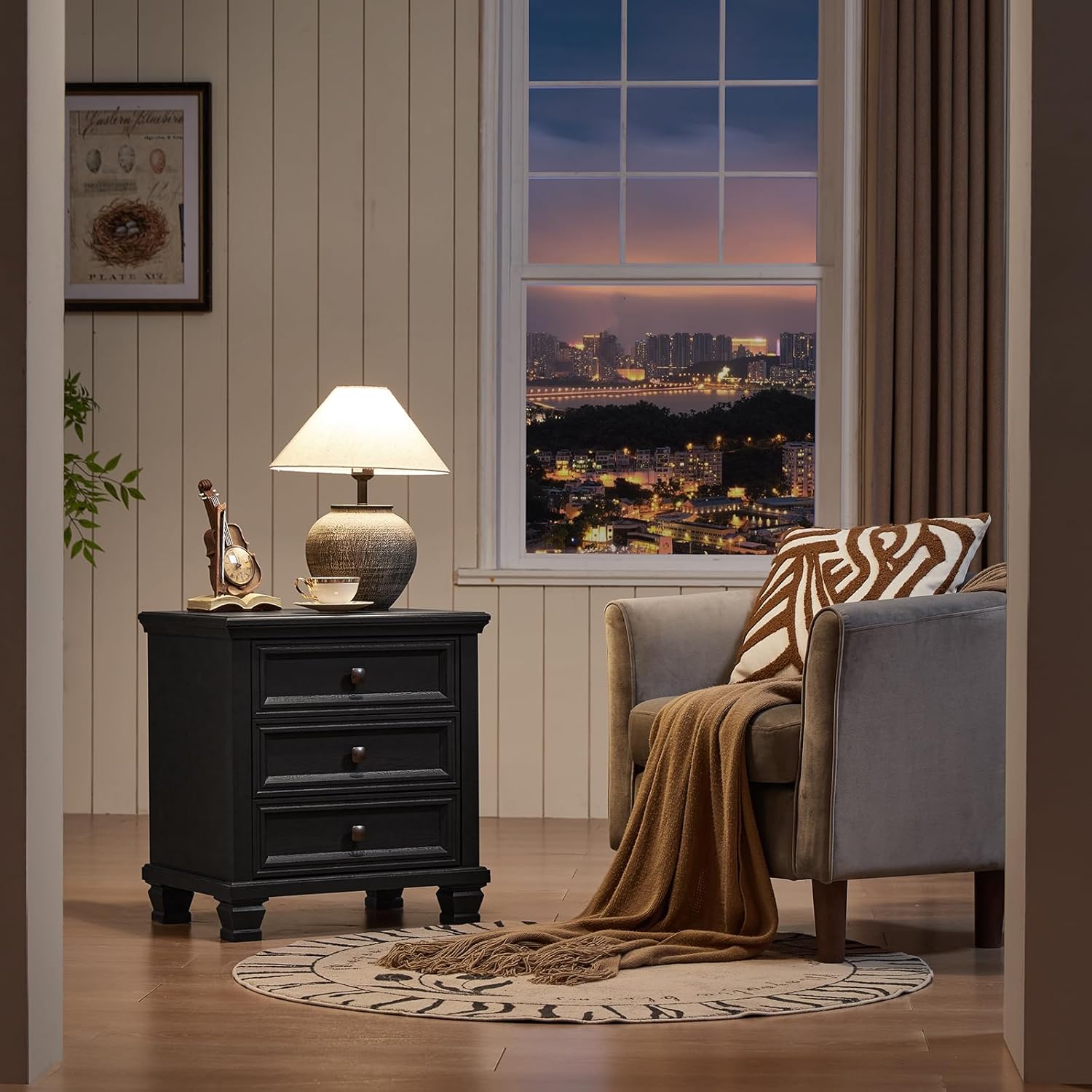 SAVOR LIFE Farmhouse Nightstand with 3 Drawers, Rustic Couch End Table with 4 Square Solid Wood Legs, Mid-Century Modern Bed Side Table with Storage, Small Dresser for Bedroom, Living Room, Black