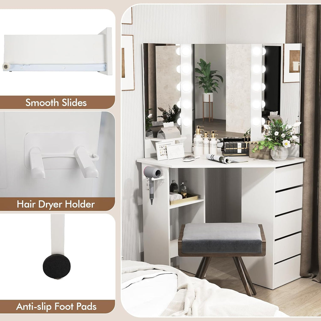 NAFORT Corner Vanity Desk with Mirror and LED Lights, Vanity Table with 5 Storage Drawer SND Shelf, Dressing Table with Power Outlet and Hair Dryer Holder, 3 Lighting Modes Triple Mirror, White
