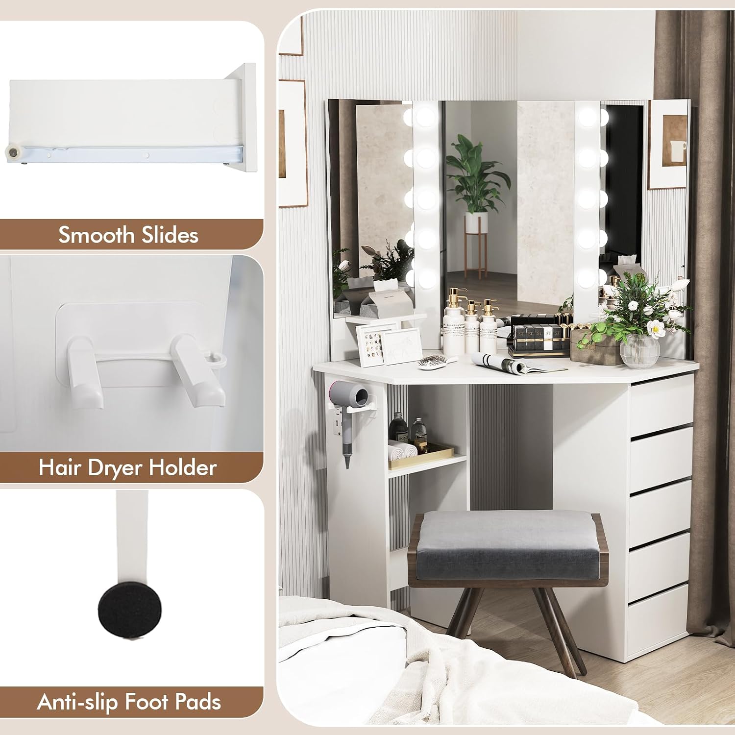NAFORT Corner Vanity Desk with Mirror and LED Lights, Vanity Table with 5 Storage Drawer SND Shelf, Dressing Table with Power Outlet and Hair Dryer Holder, 3 Lighting Modes Triple Mirror, White
