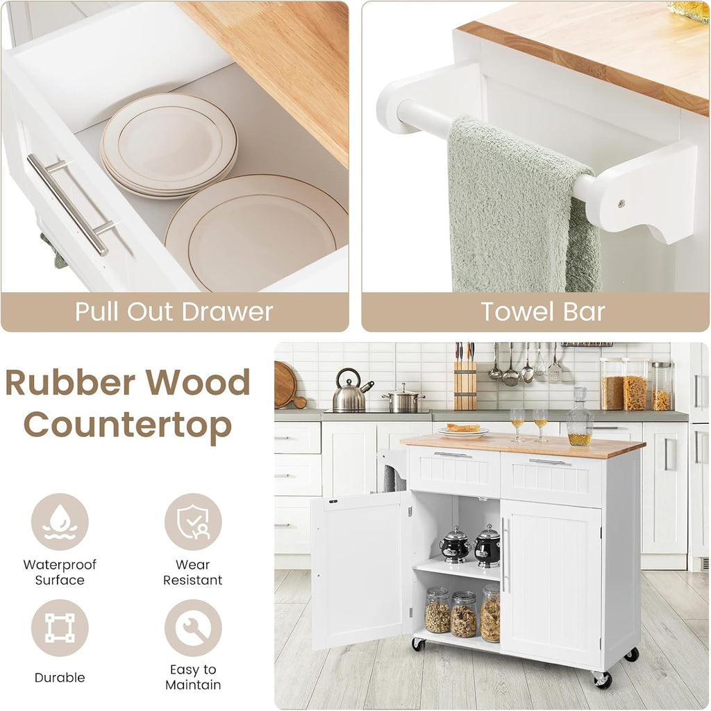 Kitchen Island with Storage, Mobile Kitchen Trolley Cart with Wheels, Rubber Wood Top, Adjustable Shelves, Towel Rack & Drawers, Rolling Kitchen Island Cart, 37' L x 18' W x 37' H (White)