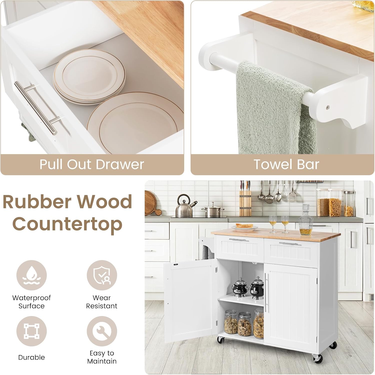 Kitchen Island with Storage, Mobile Kitchen Trolley Cart with Wheels, Rubber Wood Top, Adjustable Shelves, Towel Rack & Drawers, Rolling Kitchen Island Cart, 37' L x 18' W x 37' H (White)