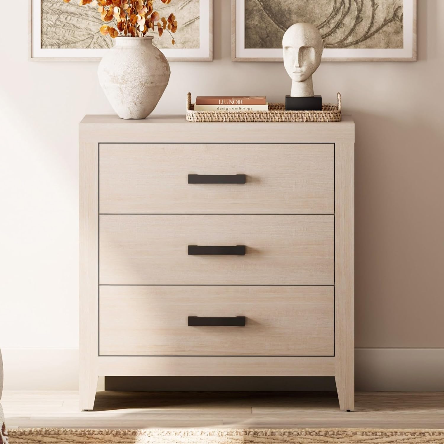 WAMPAT Farmhouse Nightstand with 3 Drawers, Large Wood Bedside Table, Wide Sofa Side End Table, Storage Organizer Chest for Living Room, Bedroom, Hallway, Beige, 32 Inches