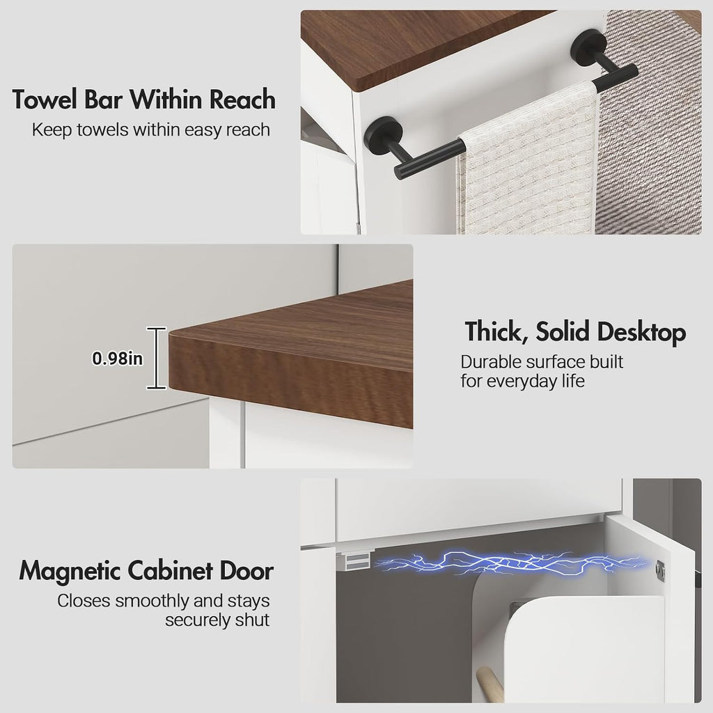 Kikihouse 55' Drop Leaf Kitchen Island Table with Power Outlet, Large Stationary Breakfast Bar with Storage Drawers, Trash Cabinet, Adjustable Shelves, Towel Rod & Spice Rack (White & Walnut)