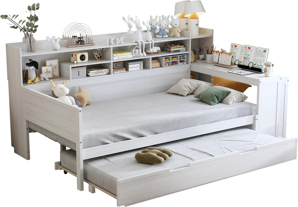 Wood Twin Size Corner Day Bed with Twin Trundle and Desk,L Shape Corner Daybed Frame with Storage Shelves and Wood Slat Support for Kids Teens Bedroom Guest Room,No Box Spring Needed,Antique White