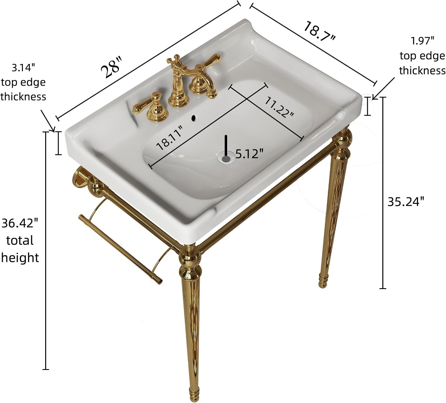 28' Ceramic Bathroom Vanity with Sink, Bathroom Cabinet Organizer with Towel Bar, Bathroom Vanities with Stable Support for Daily Bathroom Use, Gold,White