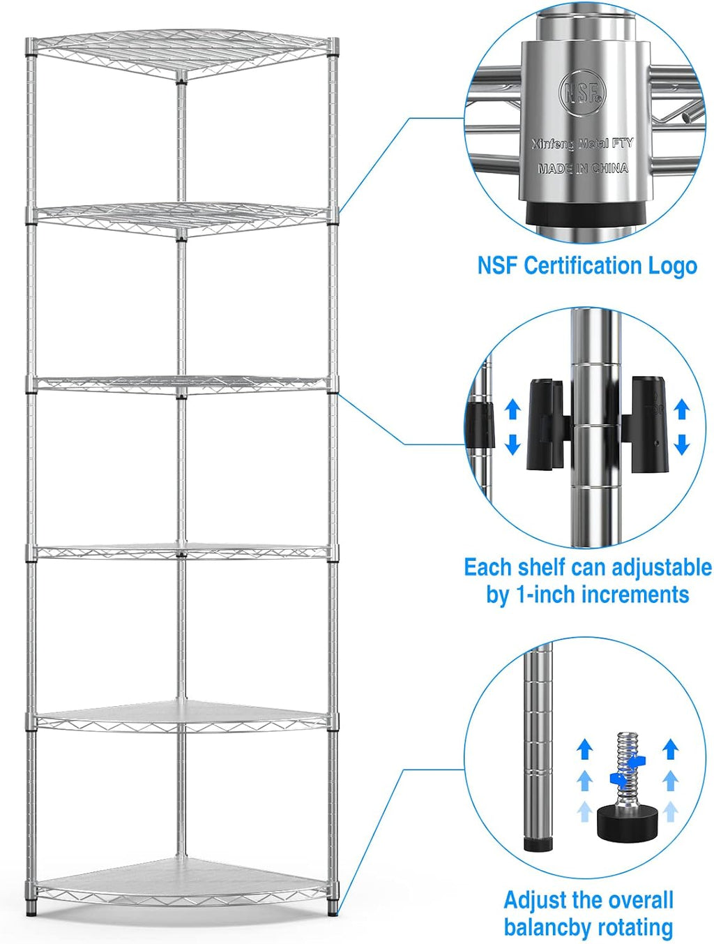 NSF 6-Tier Metal Corner Shelf Wire Shelving Unit - 420 lbs Capacity, Adjustable, with leveling feet & Waterproof Shelf Liners - Ideal for Garage, Kitchen, and More - 72' H x 18' L x 18' D - Chrome