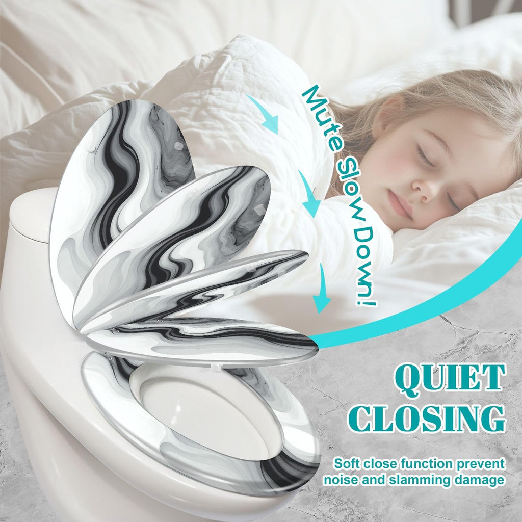 Elongated Toilet Seat Marble texture colorful black white gray marble surface curved lines Resin Toilet Seat Slow Quiet Close Lid with Quick-Release Hinges Cover Bumpers Easy to Clean Install
