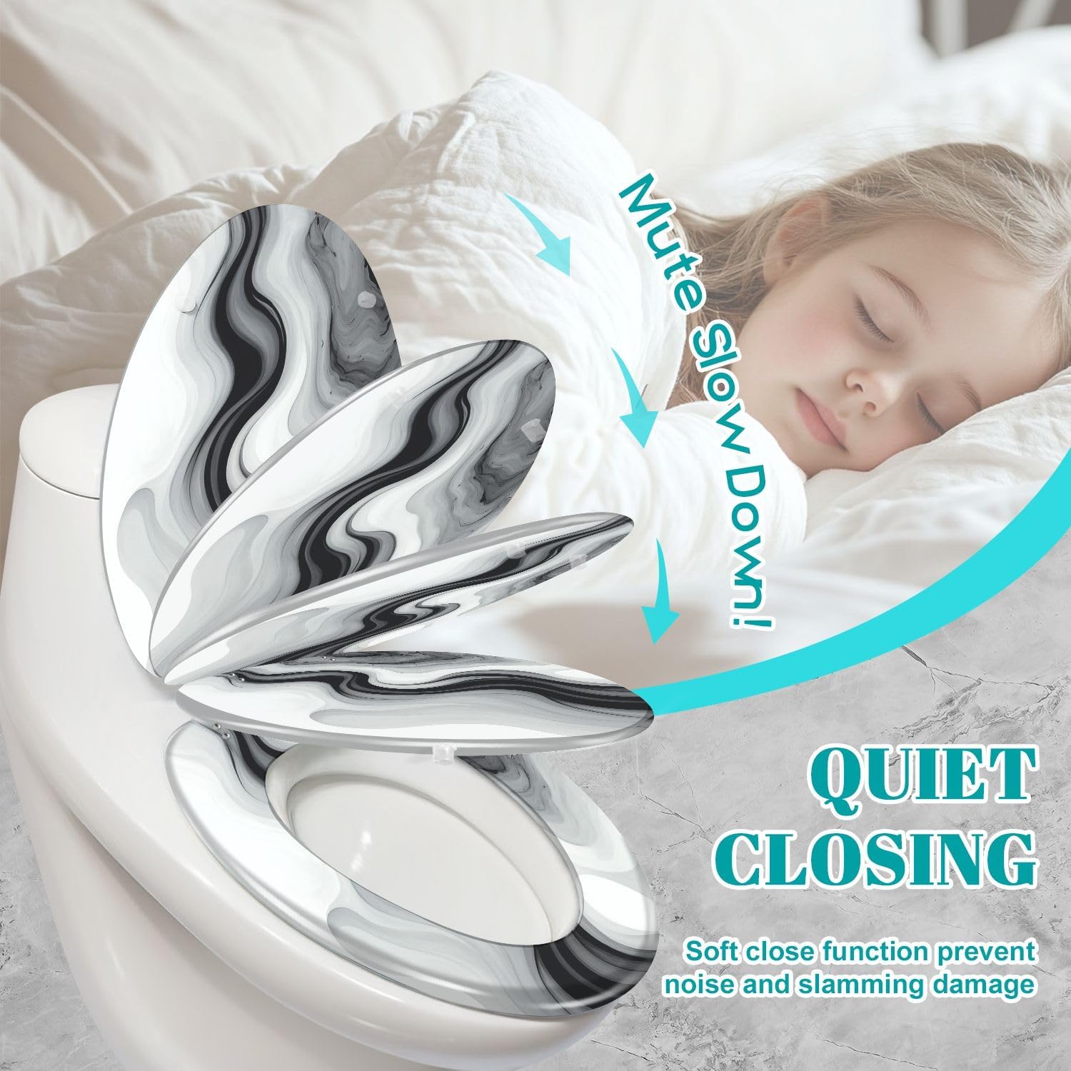 Elongated Toilet Seat Marble texture colorful black white gray marble surface curved lines Resin Toilet Seat Slow Quiet Close Lid with Quick-Release Hinges Cover Bumpers Easy to Clean Install