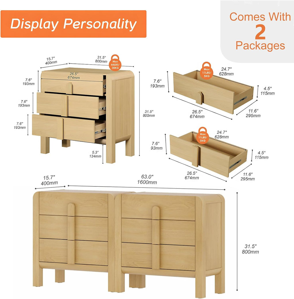 WAMPAT Nightstands Set of 2, Large Nightstands with 3 Drawers, Modern 31.5' Tall Wooden End Tables with Storage, Oak Nightstands Bedside Tables with Curved Design for Bedroom