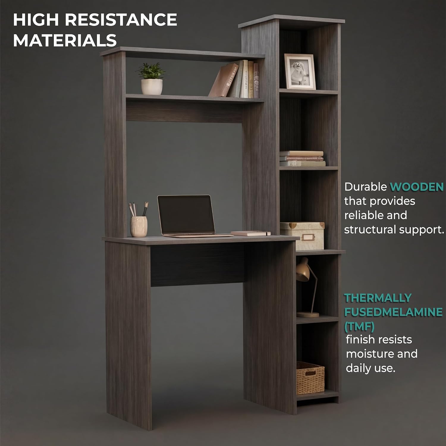 Tuhome Versalles Writing Desk with Two Superior Shelves, Five Side Open Storage Compartments, Space-Saving Modern Workstation Design for Studios and Offices, Ideal for Organization, Books
