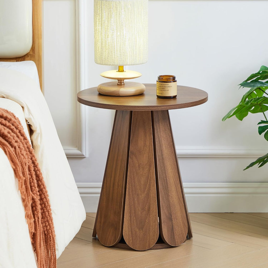 Round End Table Nightstand Set of 2, Mid Century Modern Side Table, Circle Bedside Tables Wood Night Stands for Bedroom, Living Room, Small Space, Walnut