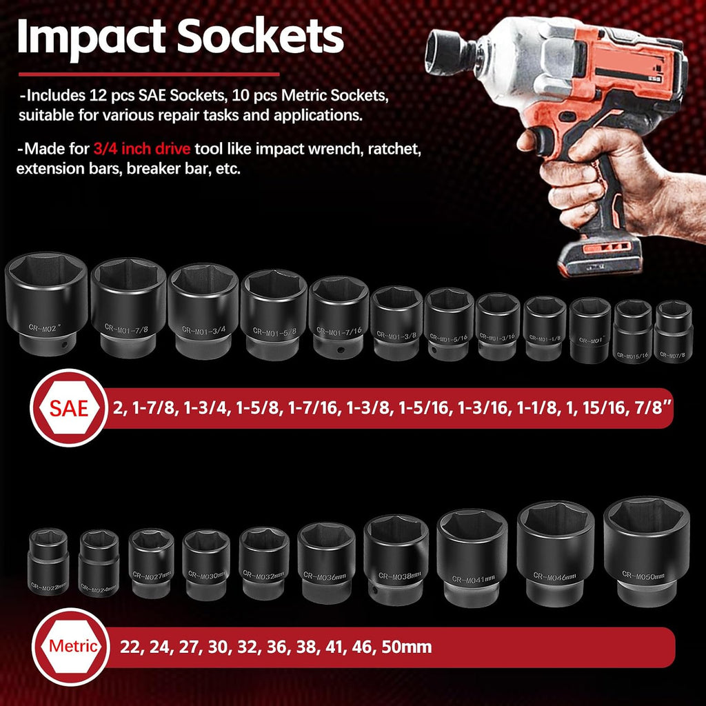 3/4-Inch Drive Jumbo Master Impact Socket Set, SAE and Metric Shallow-Socket Tool Set, SAE 7/8' to 2' and Metric 22 to 50 mm Sockets with Extension Bars and Ratchet Handle, 27 pieces