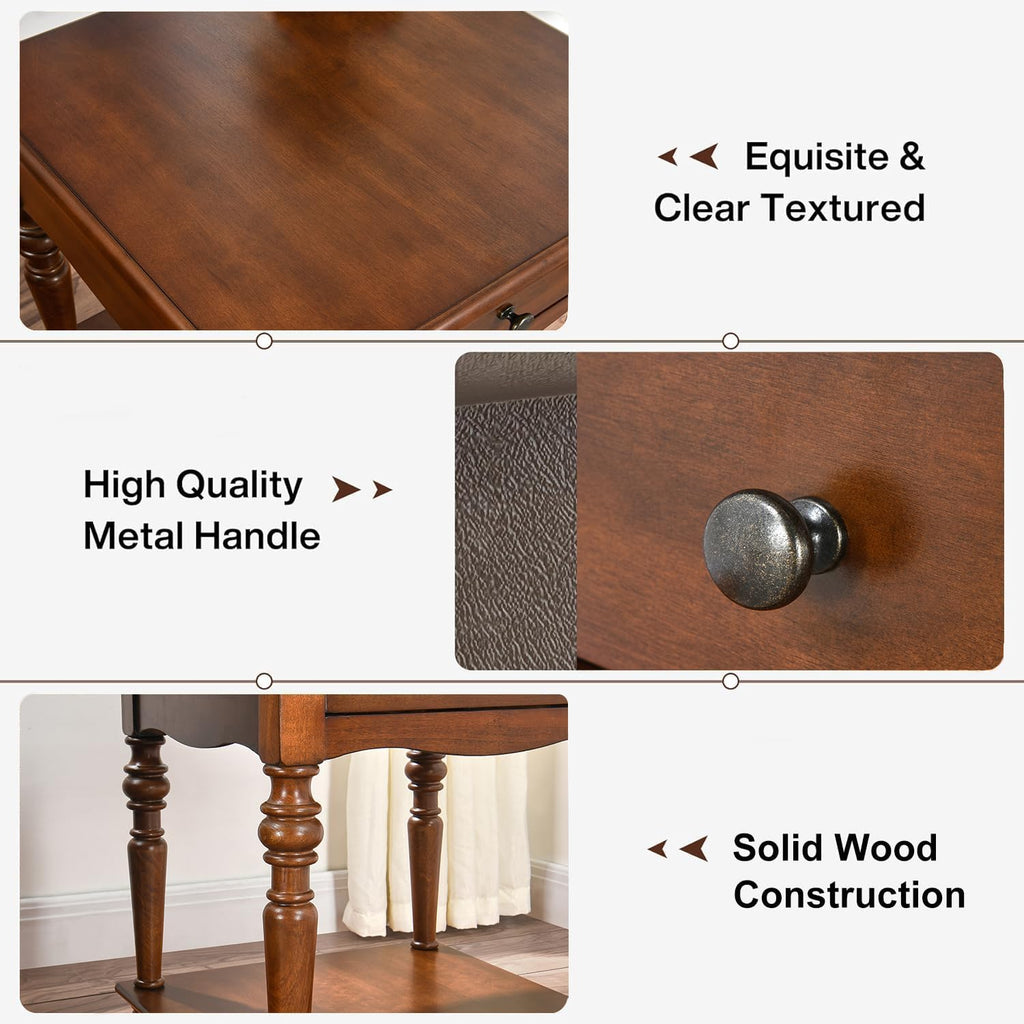 PADMA HOUSE Solid Wood End Table with Drawer & Storage Shelf, 24' H Square Sofa Side Table with Natural Wood Grain Tabletop, Apartment Bedside Table with Turned Legs for Home Office, 22.83 * 24in