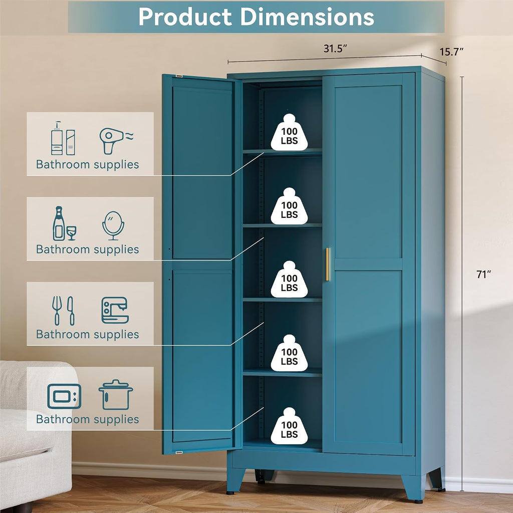 Baborokic 71H Tall Metal Storage Cabinet with 2 Doors and Adjustable Shelves,Kitchen Pantry Storage Cabinets,Tall Freestanding Cupboard for Bathroom,Office,Dining Room,Living Room Blue