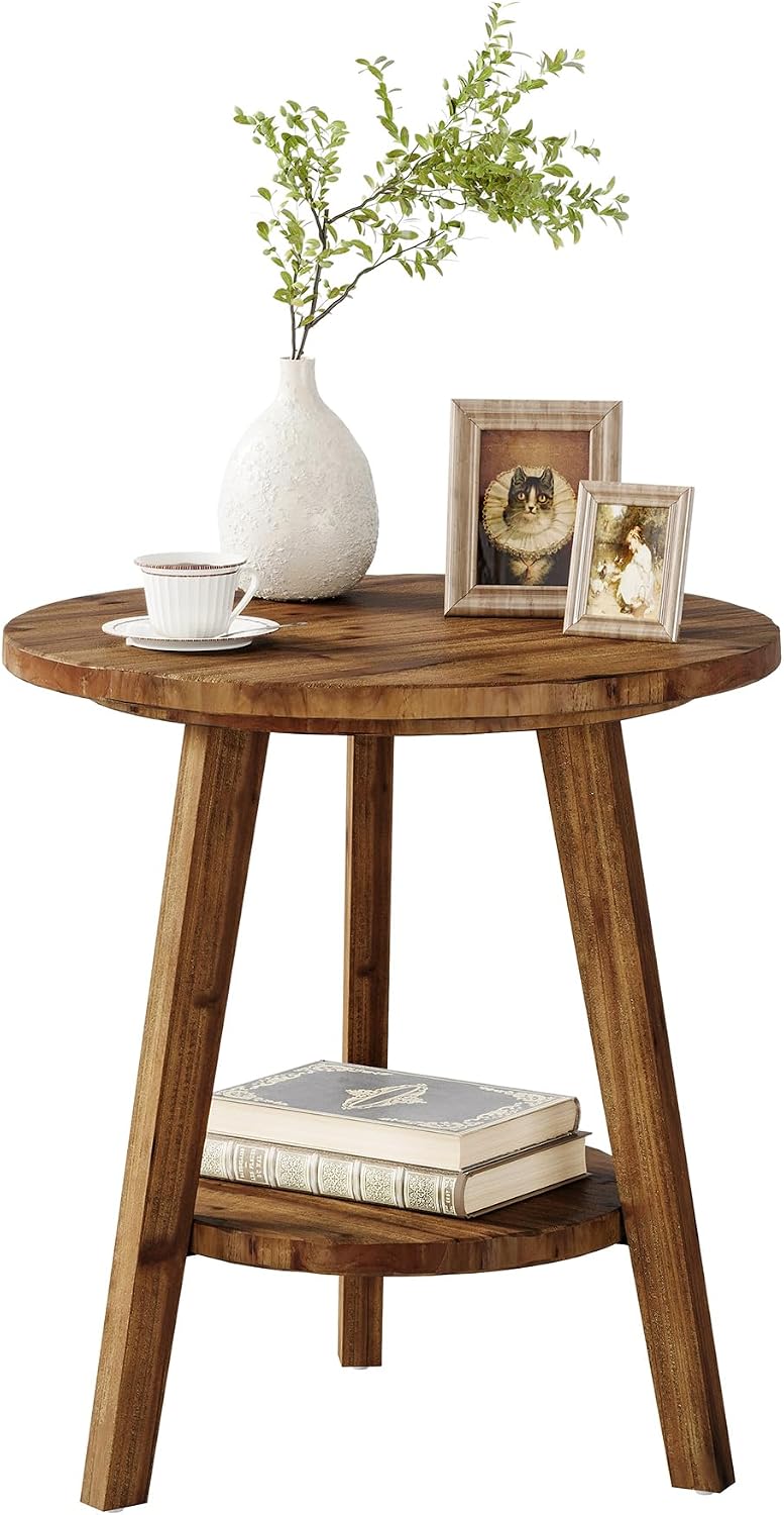Solid Wood Round End Table Set of 2, Sofa Side Table with Storage Shelf, Farmhouse Nightstand for Living Room, Bedroom, Easy Assembly (Natural, 2 PCS)