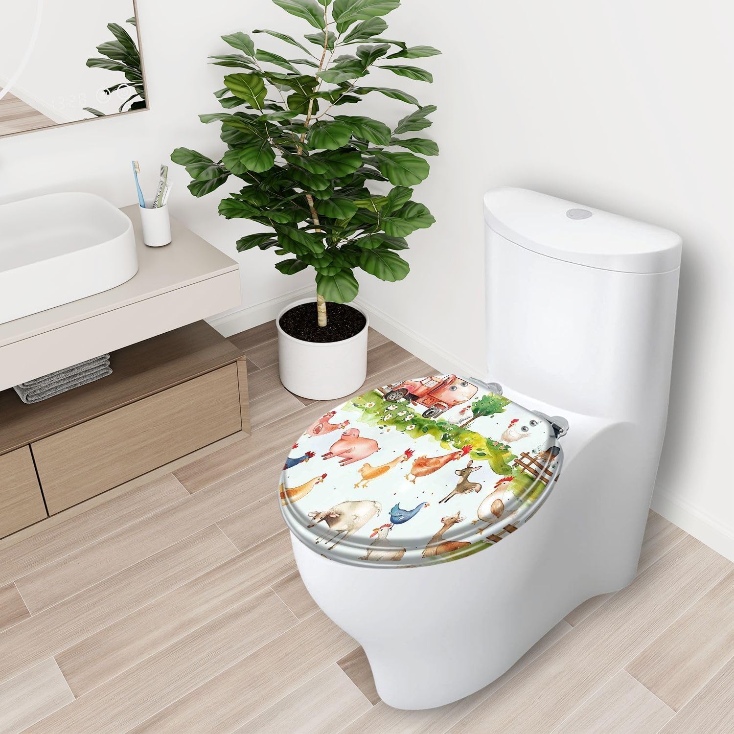 Round Toilet Seat Watercolor farm animals hen cow horse chicken red green blue for baby Resin Toilet Seat Slow Quiet Close with Quick-Release Hinges Toilet Seat with Cover Easy to Clean Install