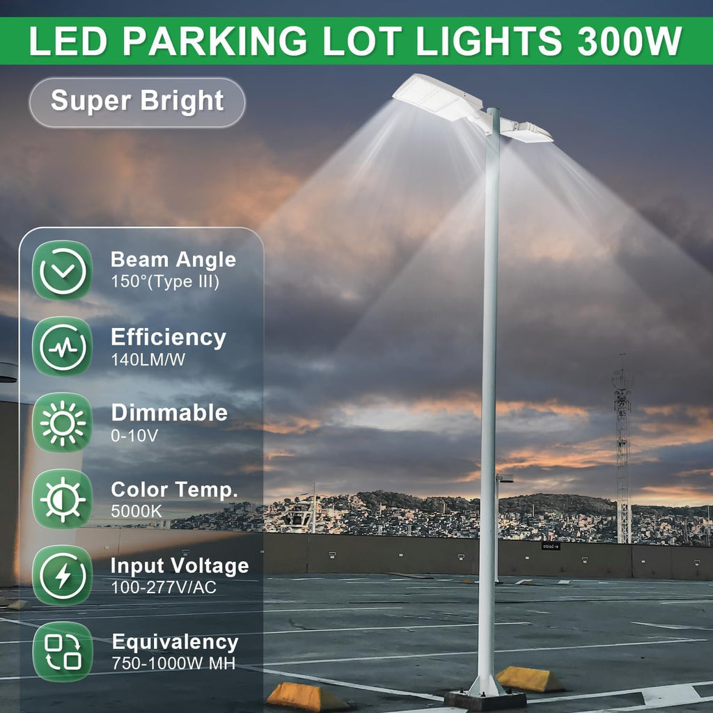 300W LED Parking Lot Lights, 42000LM(140LM/W) 5000K White LED Shoebox Street Light, Surge Protection Built-in, Dimmable Outdoor Commercial Area Lighting, IP65 Waterproof, AC100-277V, UL Listed