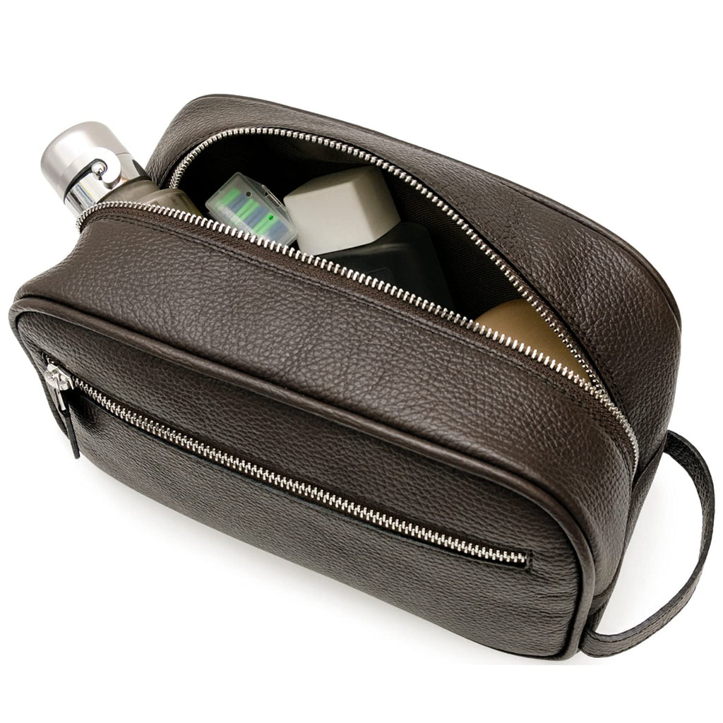 Maruse Italian Leather Toiletry Travel Bag with 2 Zippered Closures for Men and Women, Handmade in Italy, Brown