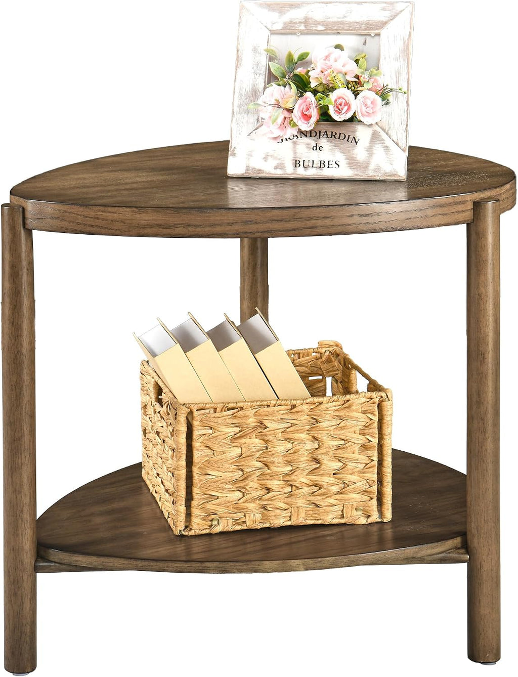 2-Tier Solid Wood End Table with Storage Waterdrop-Shaped Side Table Nightstand for Bedroom Modern Rustic Drink Table for Living Room, Brown
