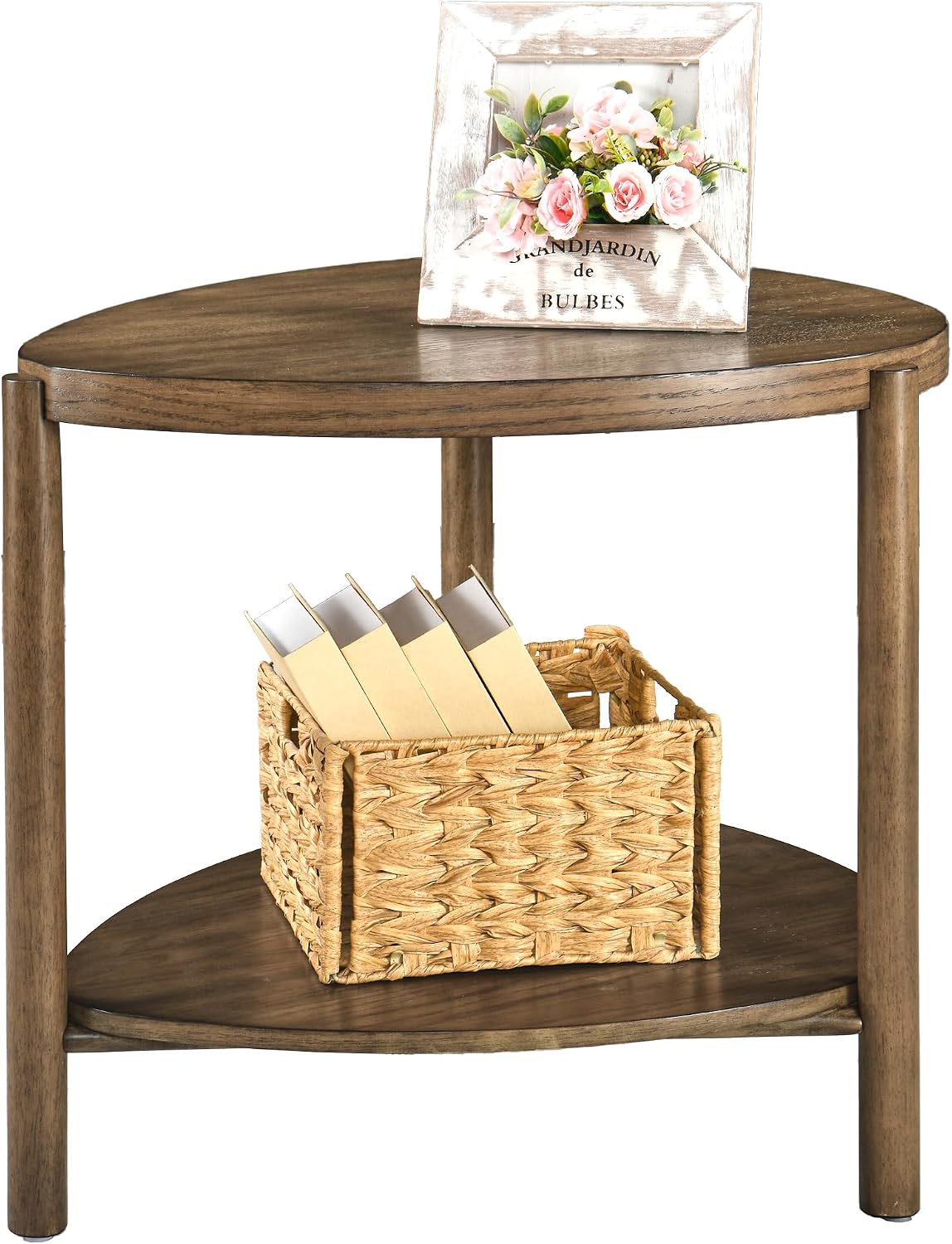 2-Tier Solid Wood End Table with Storage Waterdrop-Shaped Side Table Nightstand for Bedroom Modern Rustic Drink Table for Living Room, Brown