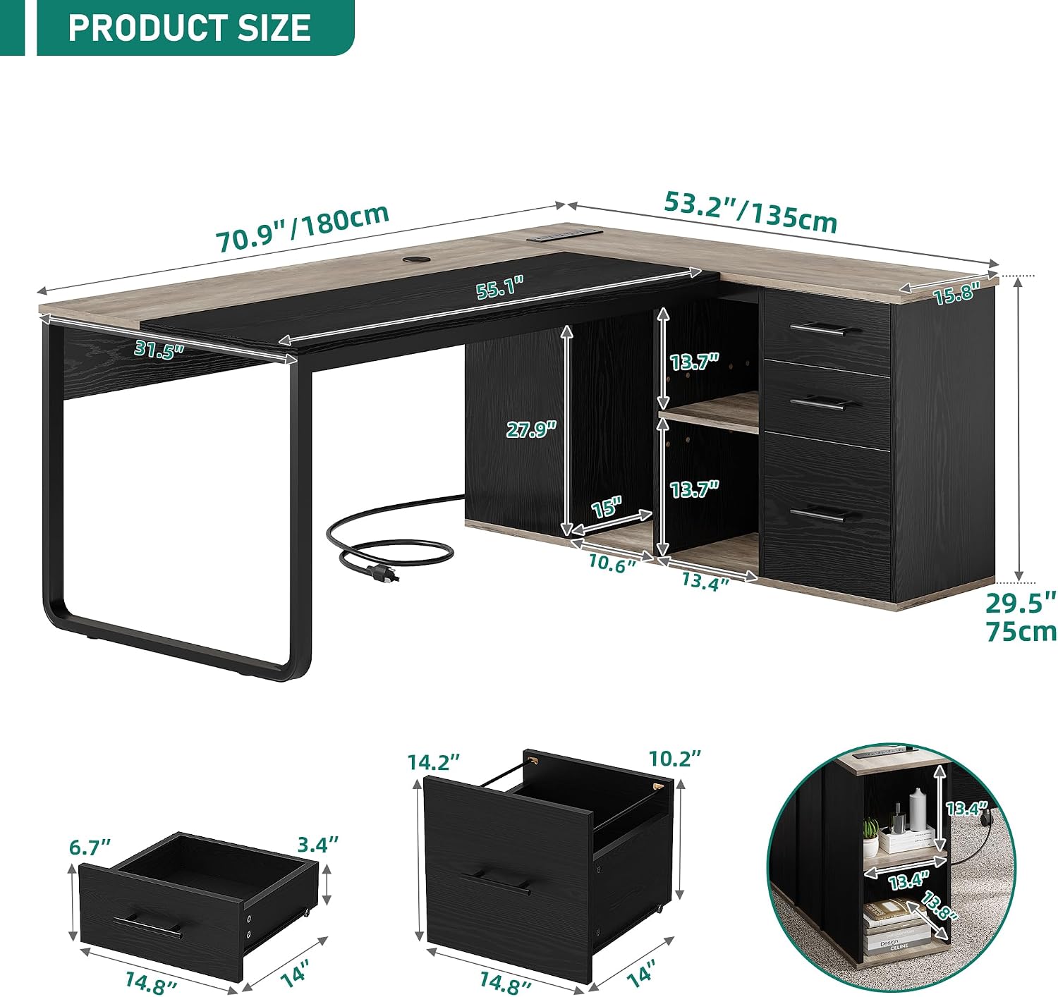 DWVO 71' Executive Desk with Power Outlets, L Shaped Executive Desk with File Cabinet, Computer Desk with Drawers & Storage Shelves, Corner Office Desk with Bookshelf for Home Office, Grey + Black