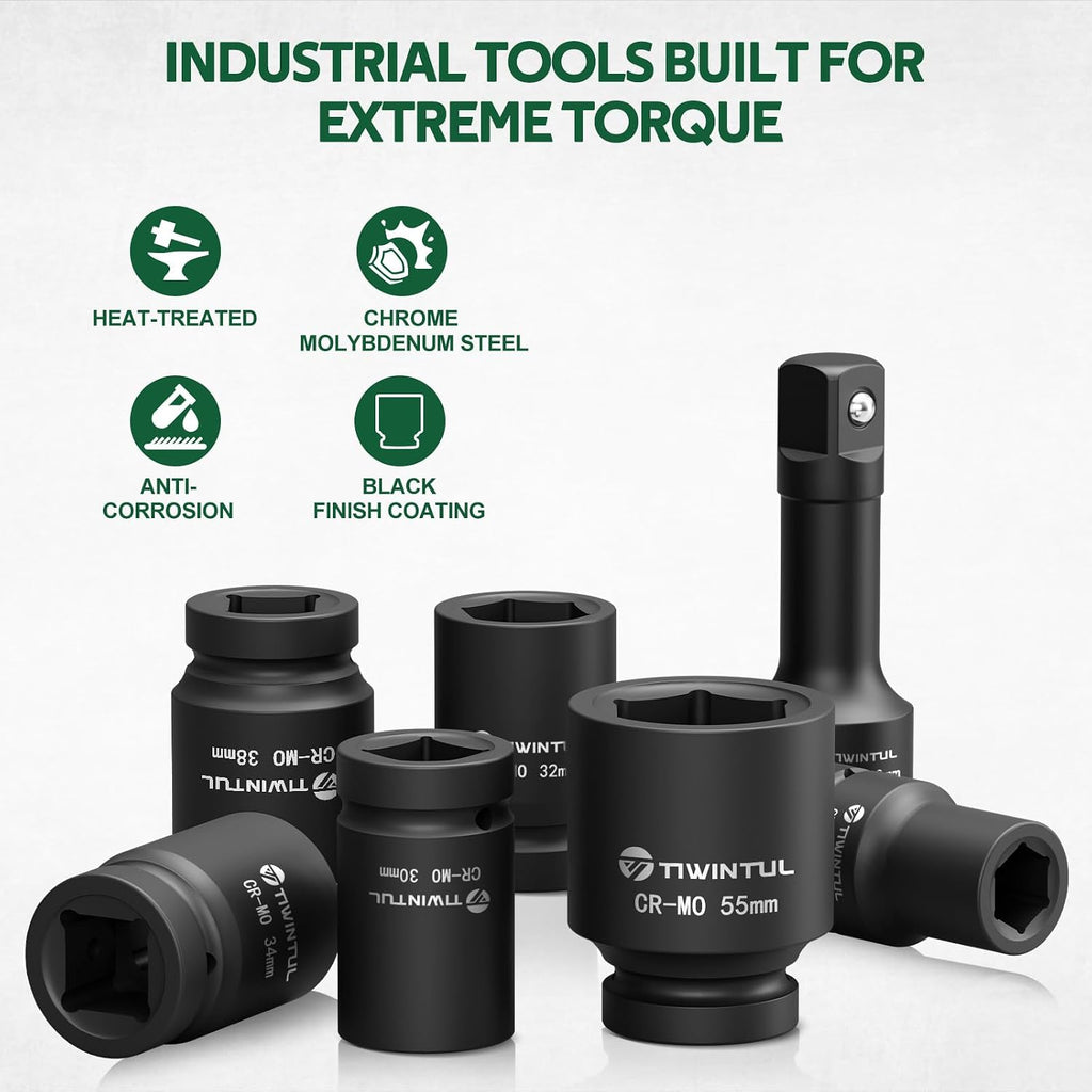 1 Inch Drive Impact Socket Set for Truck, Excavator & Construction Equipment Repair, 21-55mm Metric Heavy Duty CR-MO Socket Set, 18 Pcs with 24' Ratchet Wrench, Sliding T-Bar & Extension Bars