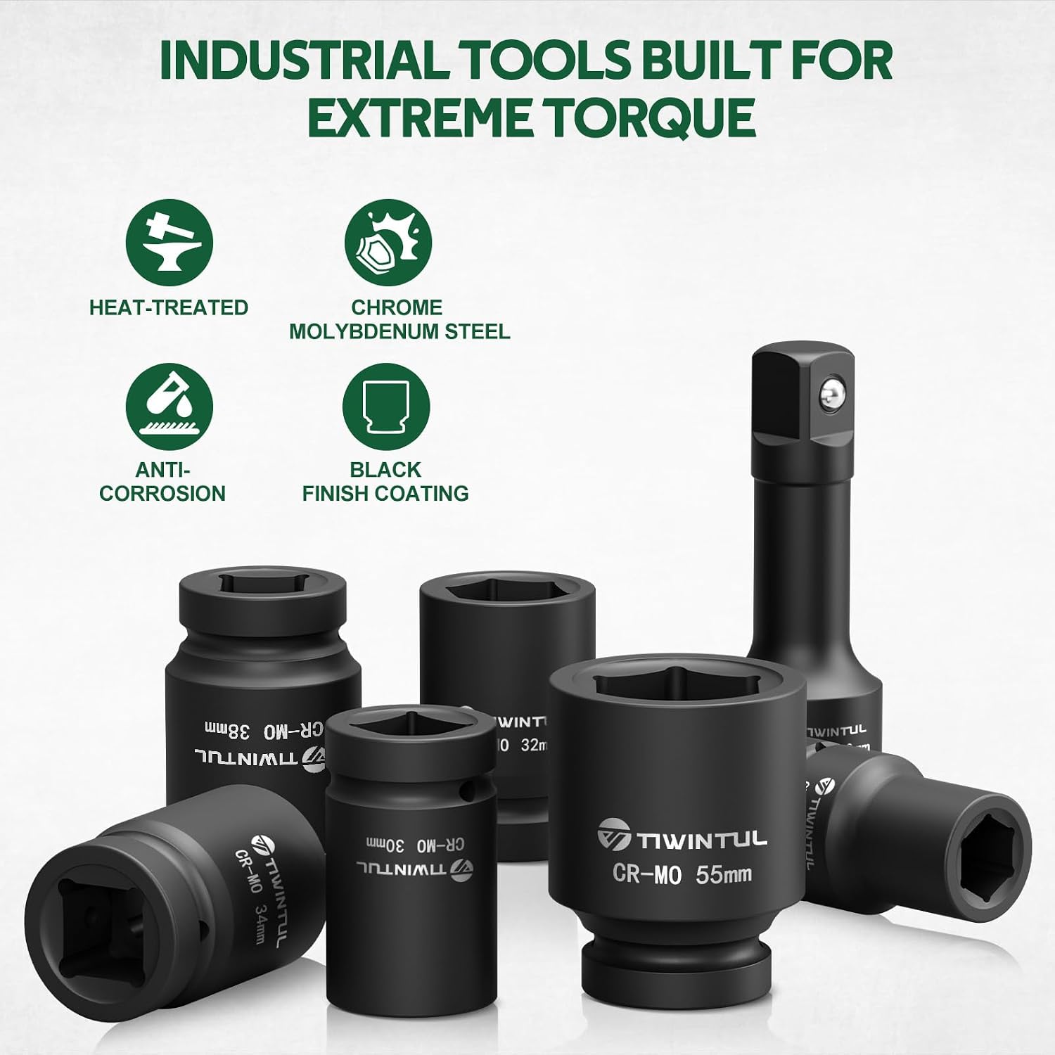 1 Inch Drive Impact Socket Set for Truck, Excavator & Construction Equipment Repair, 21-55mm Metric Heavy Duty CR-MO Socket Set, 18 Pcs with 24' Ratchet Wrench, Sliding T-Bar & Extension Bars