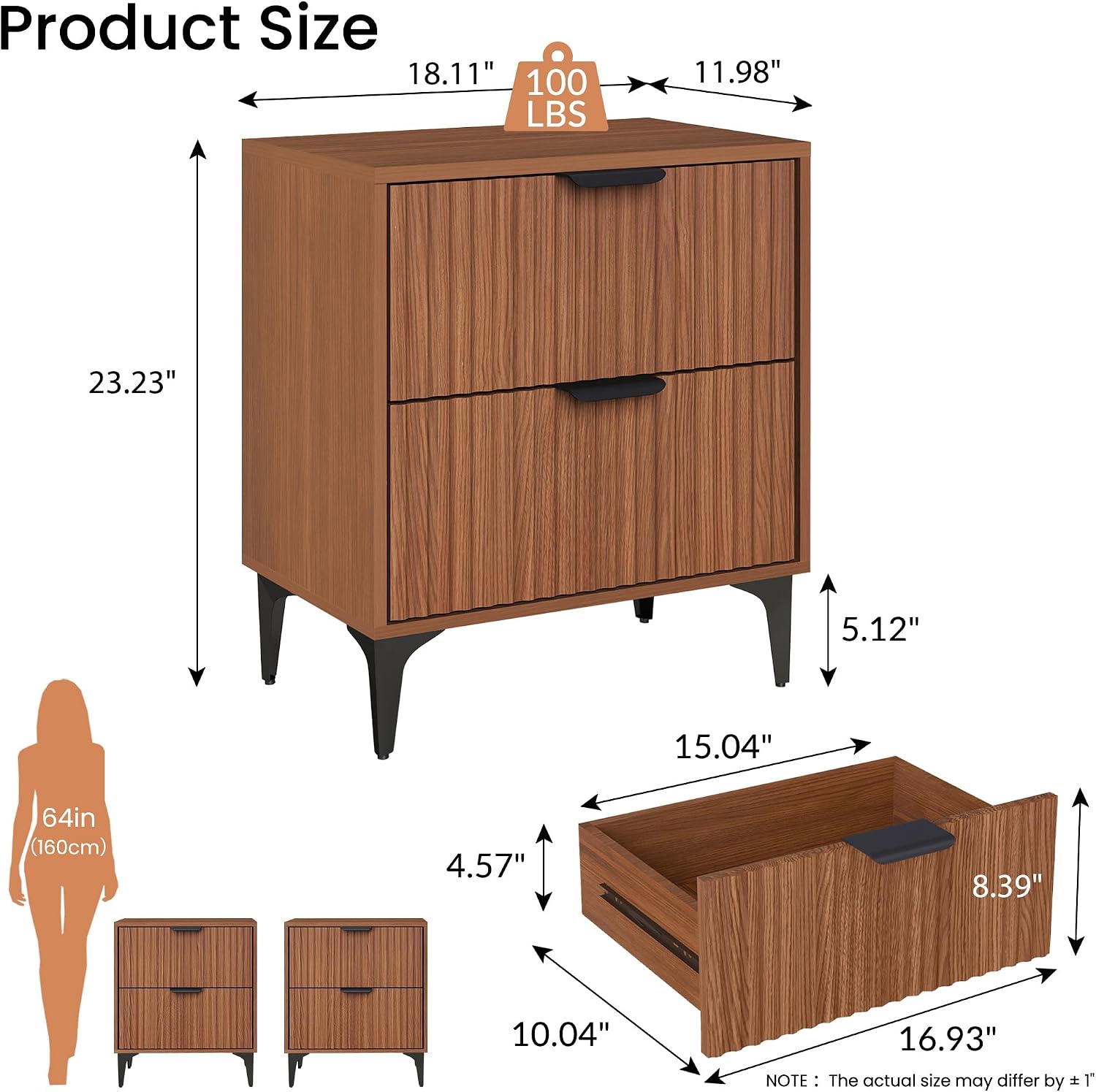 SUNWAVE Walnut Fluted Nightstand Set of 2, Modern Night Stands with 2 Drawers, Bedside Table for Twin/Full/Queen Bed, End Table with Robot-Friendly Metal Legs for Bedroom, Living Room